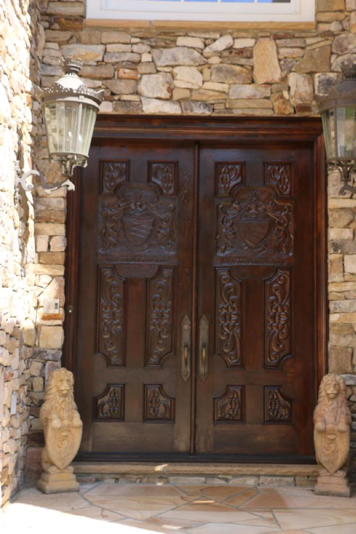 TERRACOTTA SHIELDED STANDING LION GAURDS ON PLINTH (1 of 6)