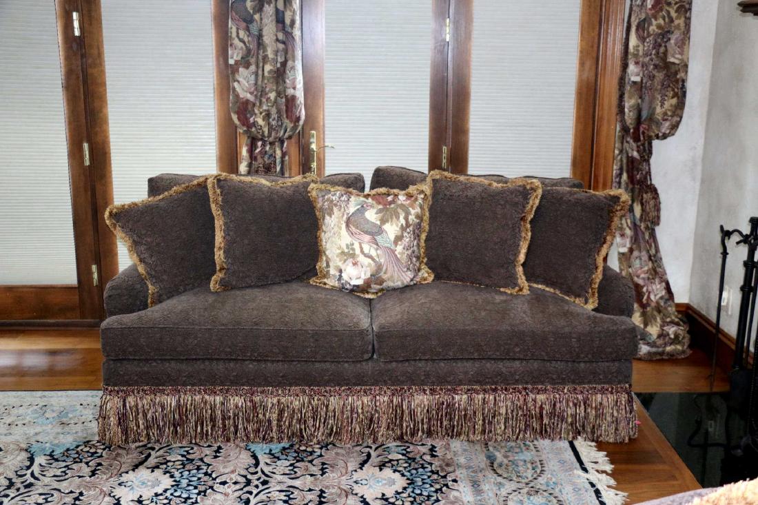 CUSTOM UPHOLSTERED DOWN CUSHIONED FRINGED SOFA (1 of 10)