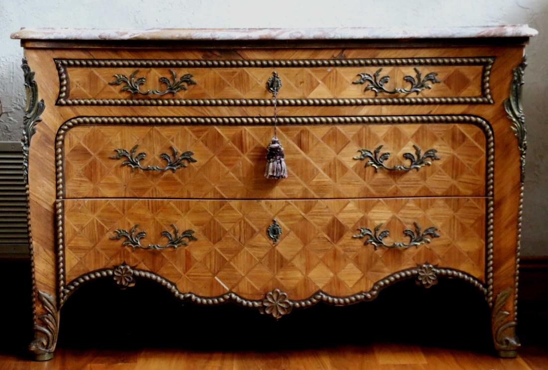 FRENCH ANTIQUE PARQUETRY  MARBLE TOP COMMODE (1 of 7)