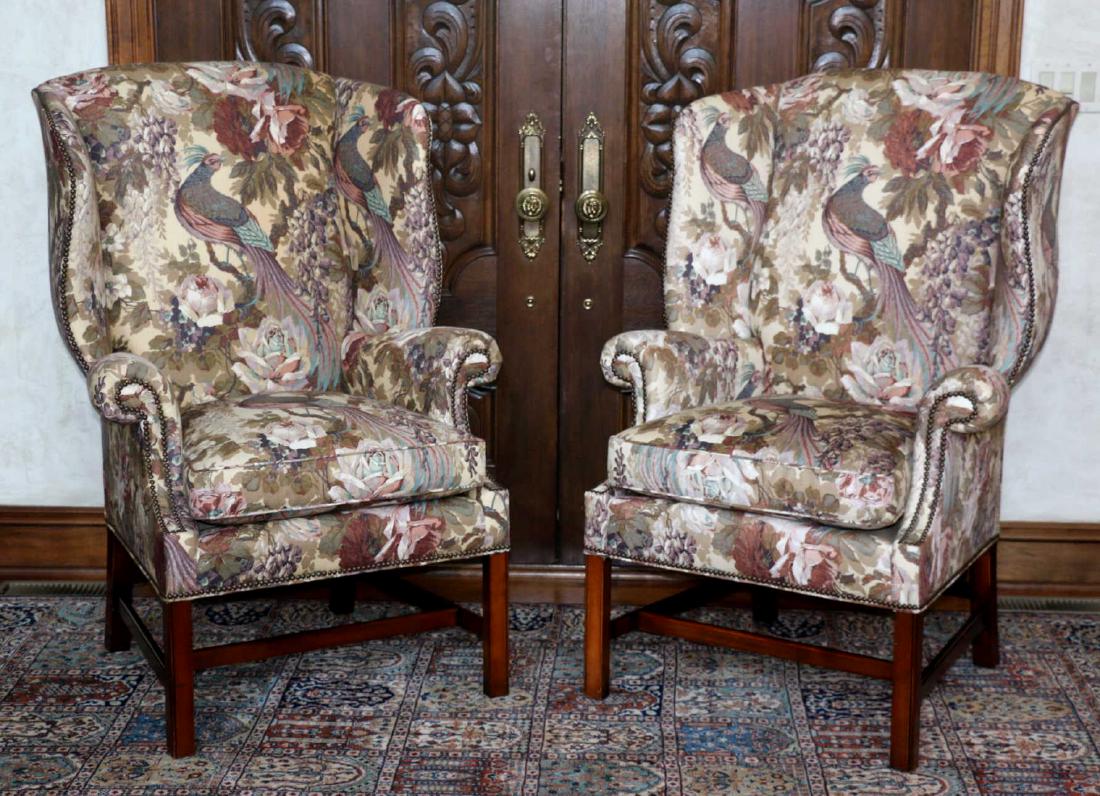 CUSTOM UPHOLSTERED DOWN CUSHION WINGBACK ARMCHAIRS: CUSTOM UPHOLSTERED DOWN CUSHION WINGBACK ARMCHAIRS 48 X 33 X 28"