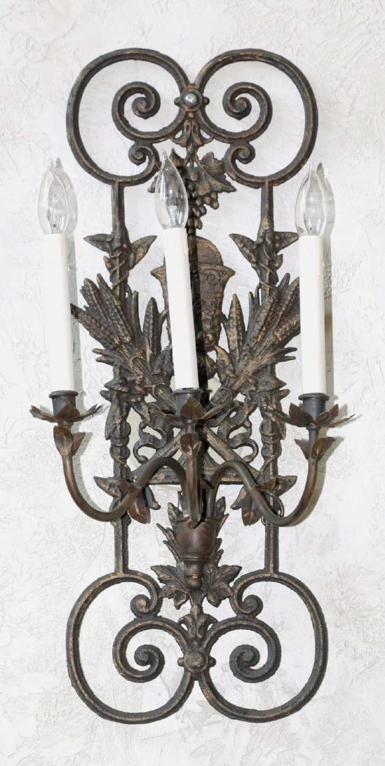 FRENCH WROUGHT IRON THREE ARM ELECTRIFIED SCONCE (1 of 5)
