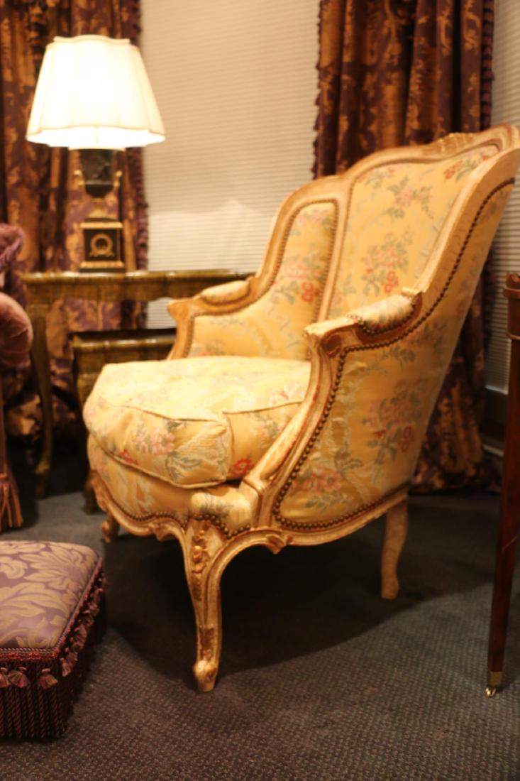 FRENCH DOWN CUSION CUSTOM UPHOLSTERED BERGERE: FRENCH DOWN CUSION CUSTOM FLORAL UPHOLSTERED BERGERE ARMCHAIR 40 X 32 X 34"