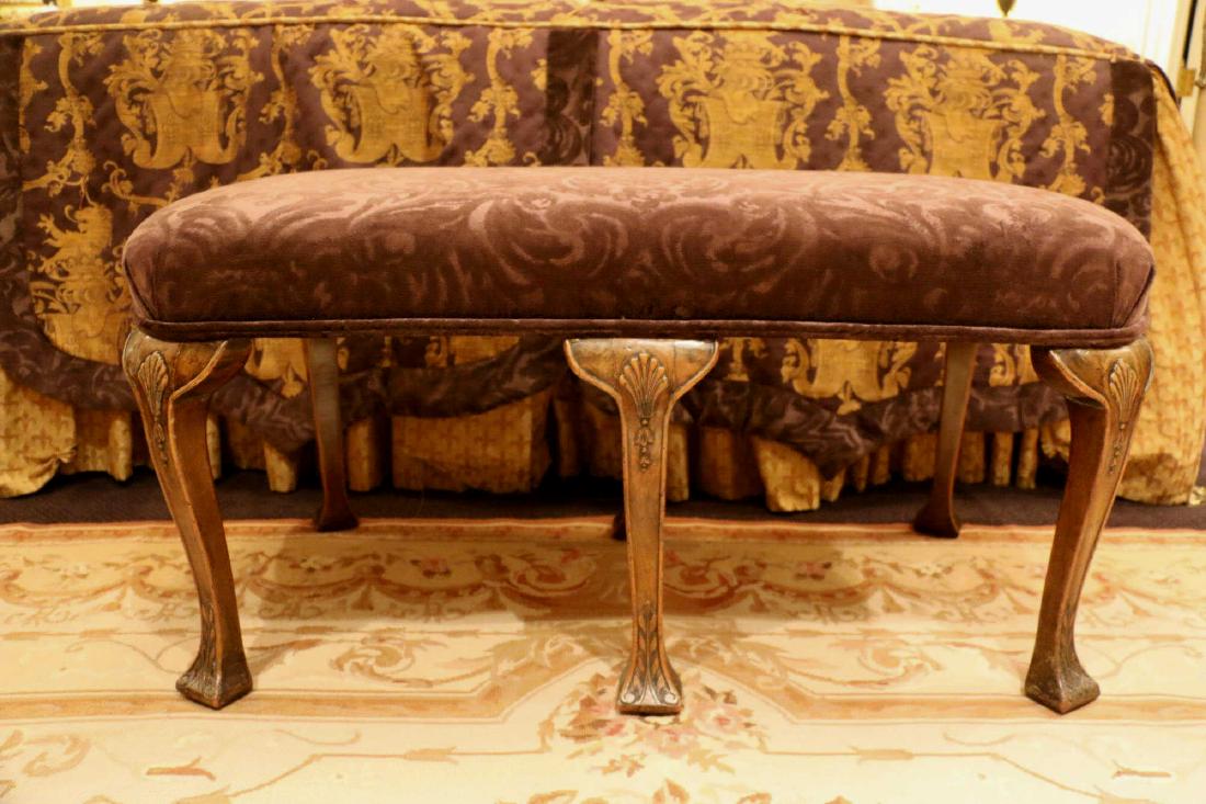 ENGLISH ANTIQUE SHELL CARVED UPOLSTERED BENCH (1 of 8)