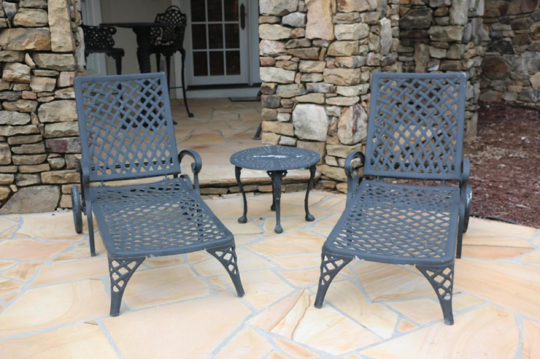 FRENCH CAST IRON OUTDOOOR RECLINERS & SIDE TABLE: FRENCH CAST IRON OUTDOOOR RECLINERS & SIDE TABLE