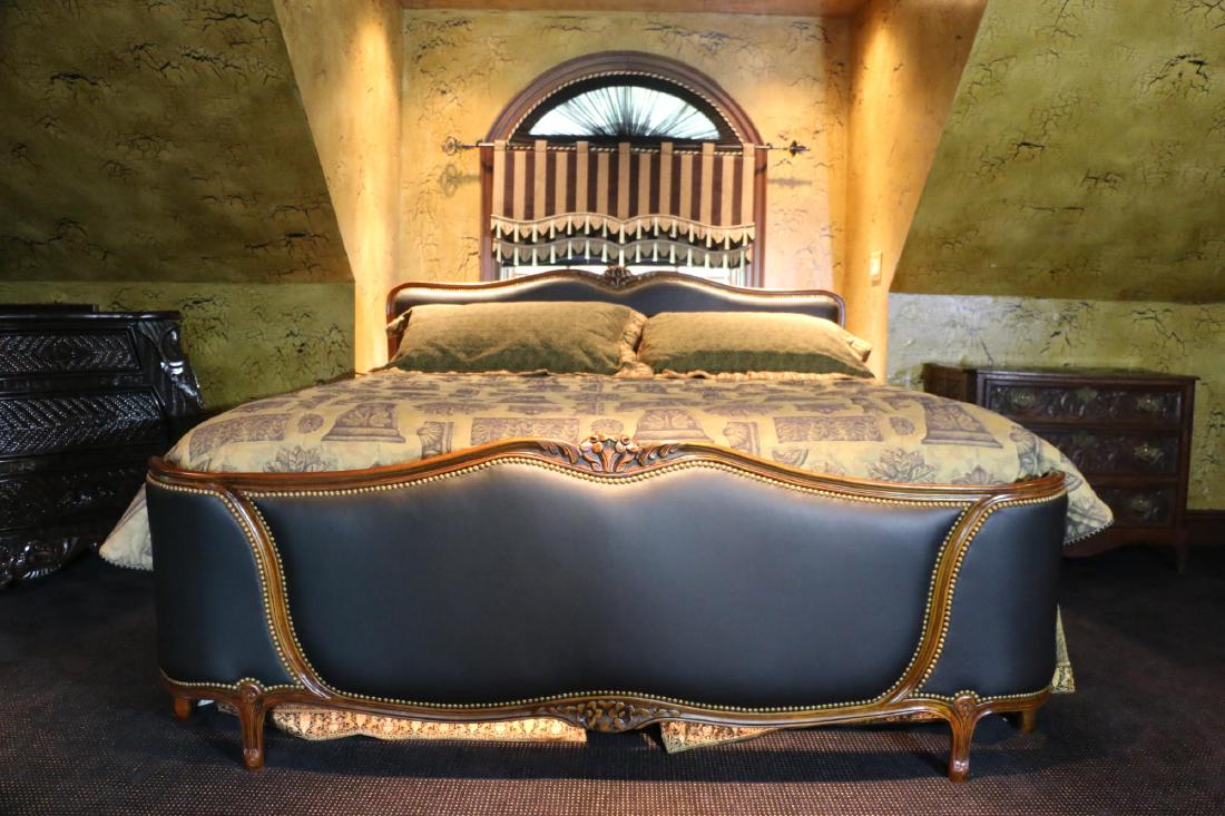 FRENCH WALNUT LEATHER & NAIL TRIMMED KING SIZE BED (1 of 8)