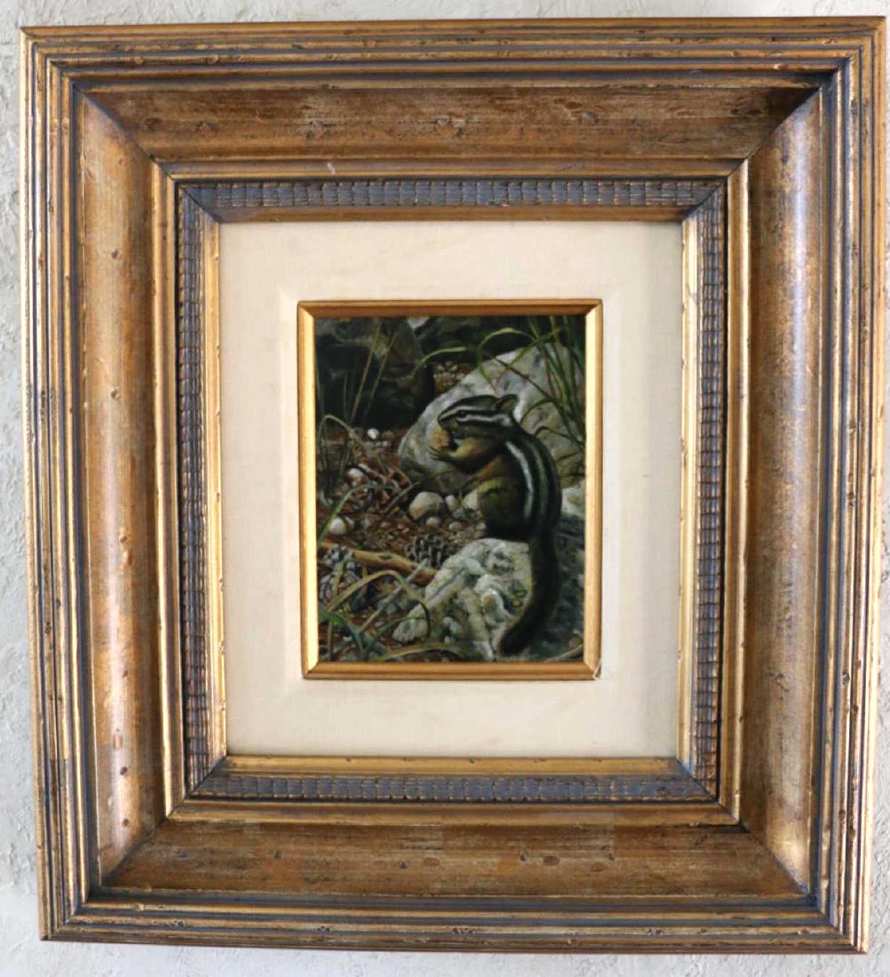 CHIPMUNK PORTRAIT WITH ILLEGIBLE SIGNATURE: A CHIPMUNK SNACKING IS THE FOCUS OF THIS PIECE, ILLEGIBLE SIGNATURE F 23 X 21", 8 1/2" X 6 3/4"