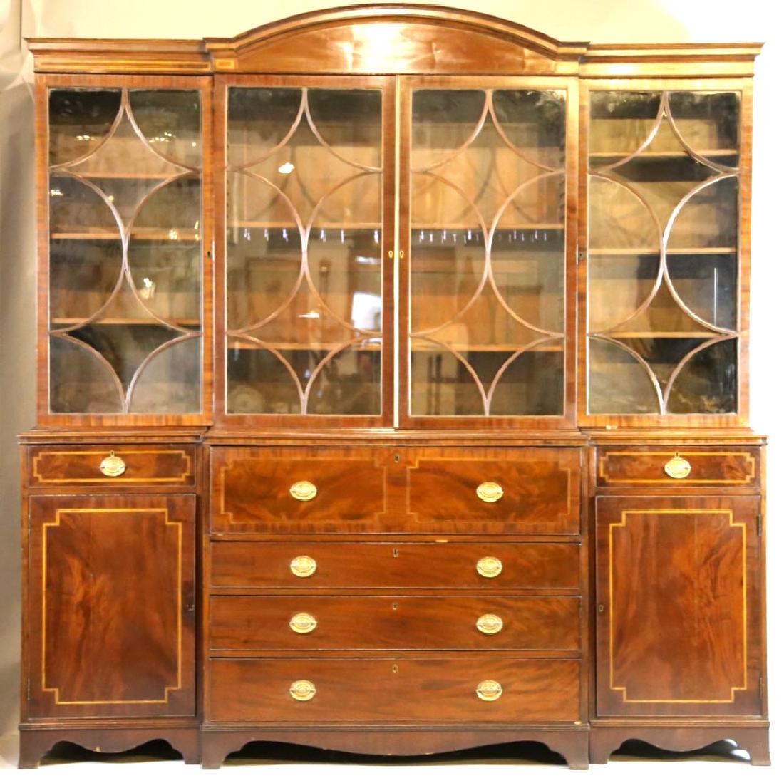 ENGLISH 19TH C. BREAKFRONT SECRETAIRE BOOKCASE: ENGLISH 19TH C. MONUMENTAL BREAKFRONT SECRETAIRE BOOKCASE IN FINELY INLAID & BANDED MAHOGANY. ORIGINAL GLAZED & CHINKED BLOWN GLASS DOORS, FITTED BUTLERS DESK AND MORE 97 X 95 X 22"