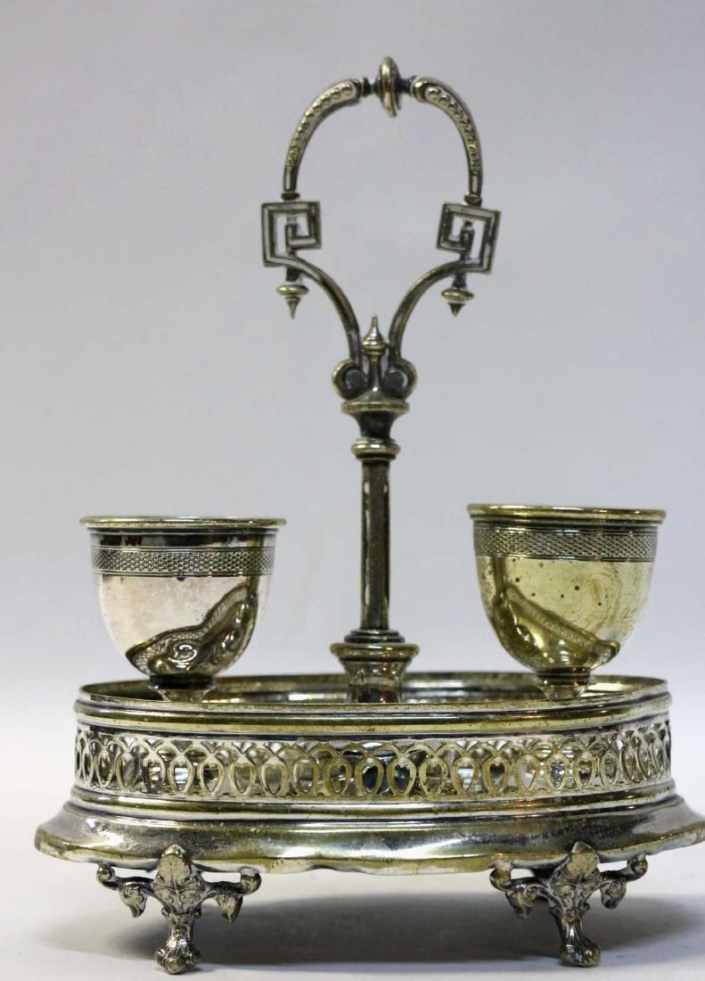 ENGLISH ANTIQUE SHEFFIELD FOOTED SILVER EGG CADDY: ENGLISH ANTIQUE SHEFFIELD FOOTED SILVER EGG CADDY