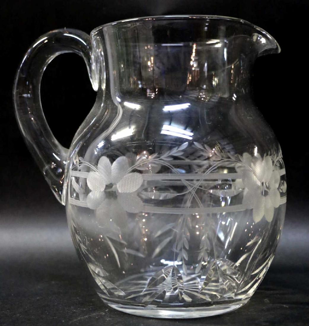 HAND ETCHED & CUT GLASS BLOWN EATER PITCHER: HAND ETCHED & CUT GLASS BLOWN EATER PITCHER