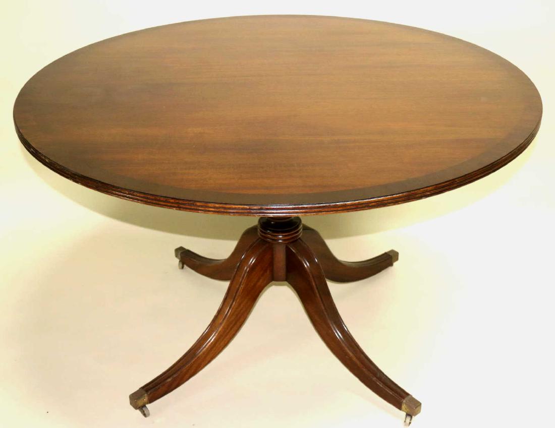ENGLISH ANTIQUE MAHOGANY SINGLE PEDESTAL TABLE: ENGLISH ANTIQUE MAHOGANY SINGLE PEDESTAL BREAKFAST TABLE WITH FLUTED SPLAYED LEGS ON CASTORS
