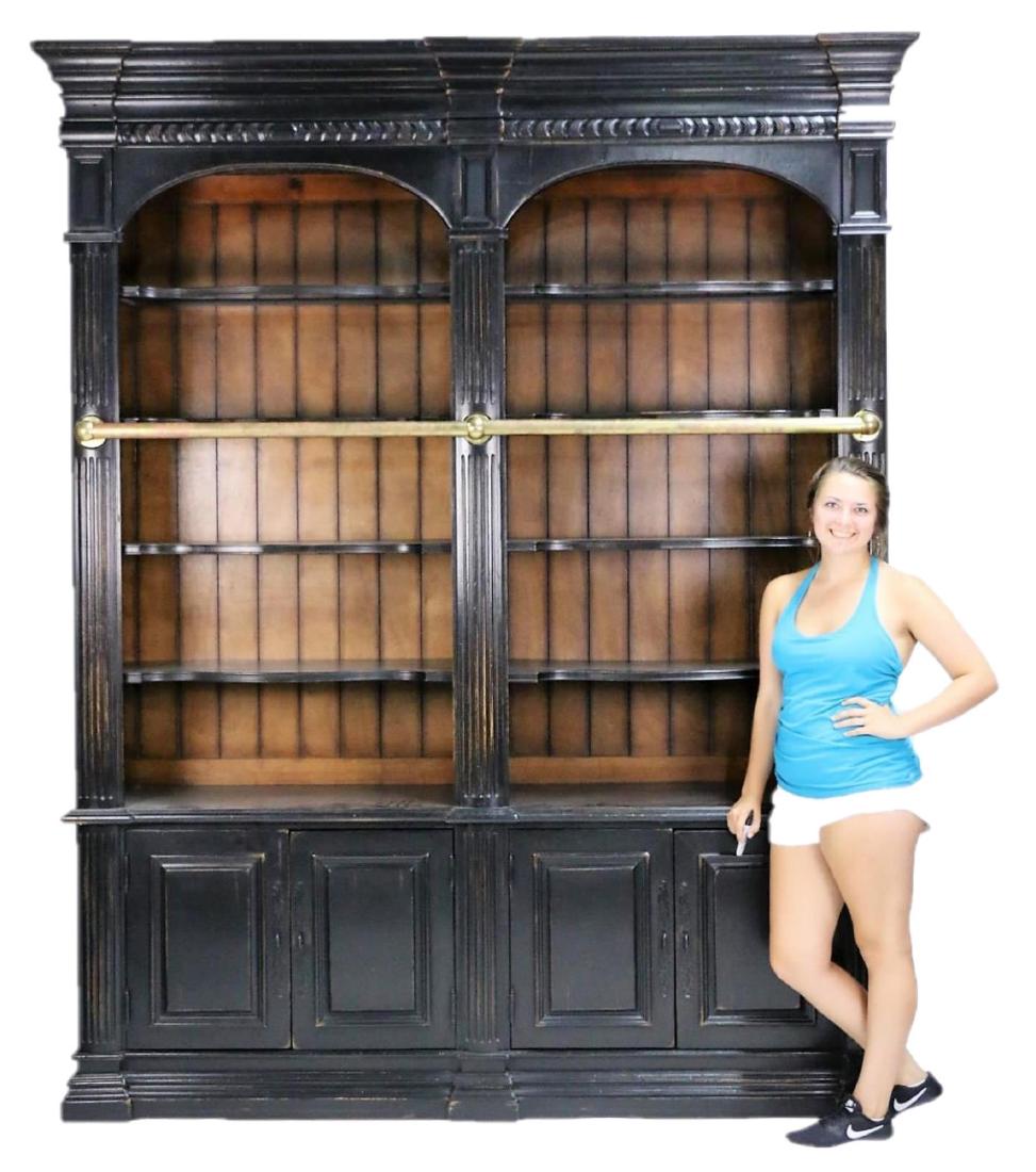 HOOKER FURNITURE OVERSIZED SET BOOKCASE: HOOKER FURNITURE OVERSIZED EBONIZED ENGLISH SET BOOKCASE WITH LADDER, TOUCH LIGHTING SYSTEM, 105" X 82" X 21"