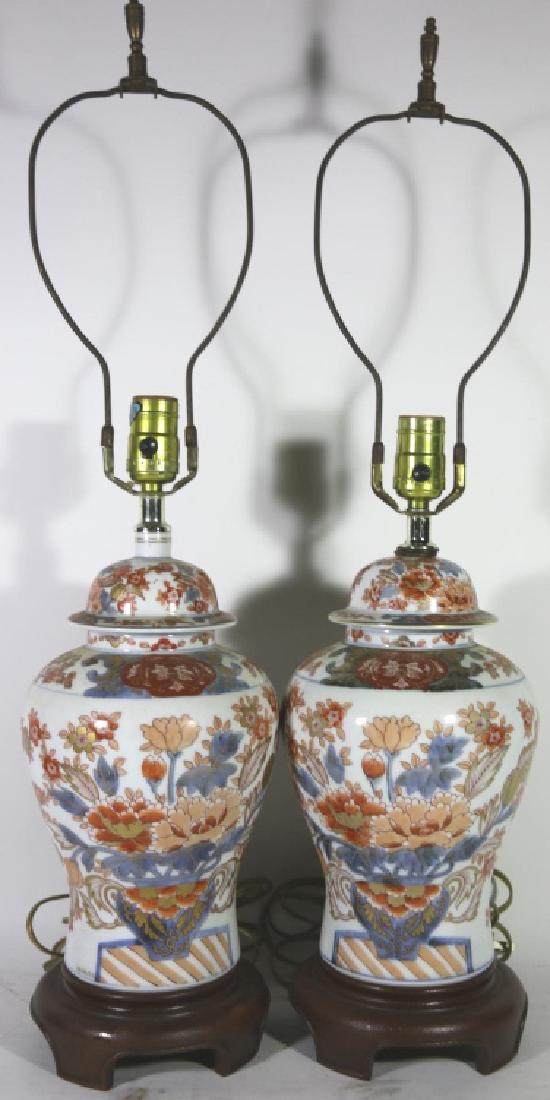 JAPANESE IMARI PORCEIAN GINGER BALUSTER JAR LAMPS: JAPANESE IMARI PORCEIAN GINGER BALUSTER JAR LAMPS IN TRADITIONAL FLORAL MOTIF 28 X 6" EACH