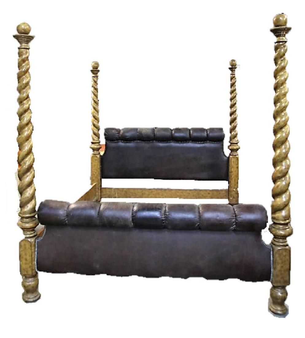 MAITLAND SMITH KING SIZE BARLEY TWIST POSTER BED: MAITLAND SMITH KING SIZE TUFFTED LEATHER HEADBOARD & FOOTBOARD BARLEY TWIST POSTER BED