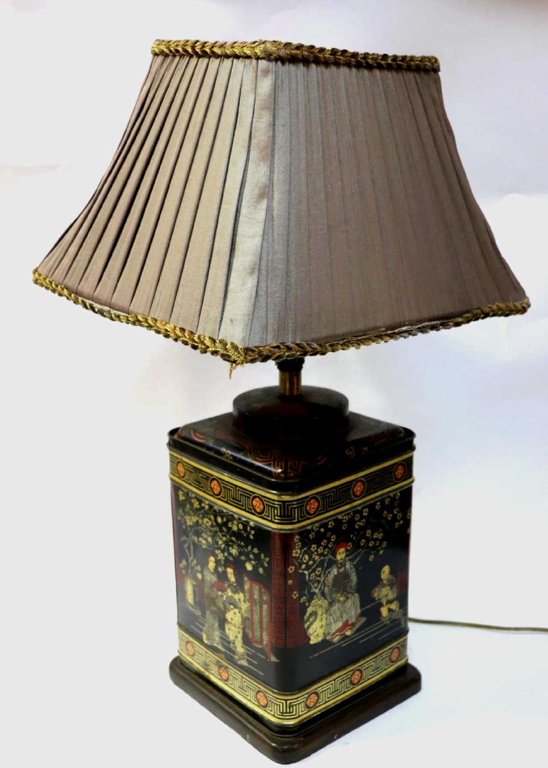 CHINESE ANTIQUE TOLE EXPORT TEA TIN LAMP: CHINESE ANTIQUE TOLE EXPORT TEA TIN LAMP, CUSTOM SHADED IN SILK