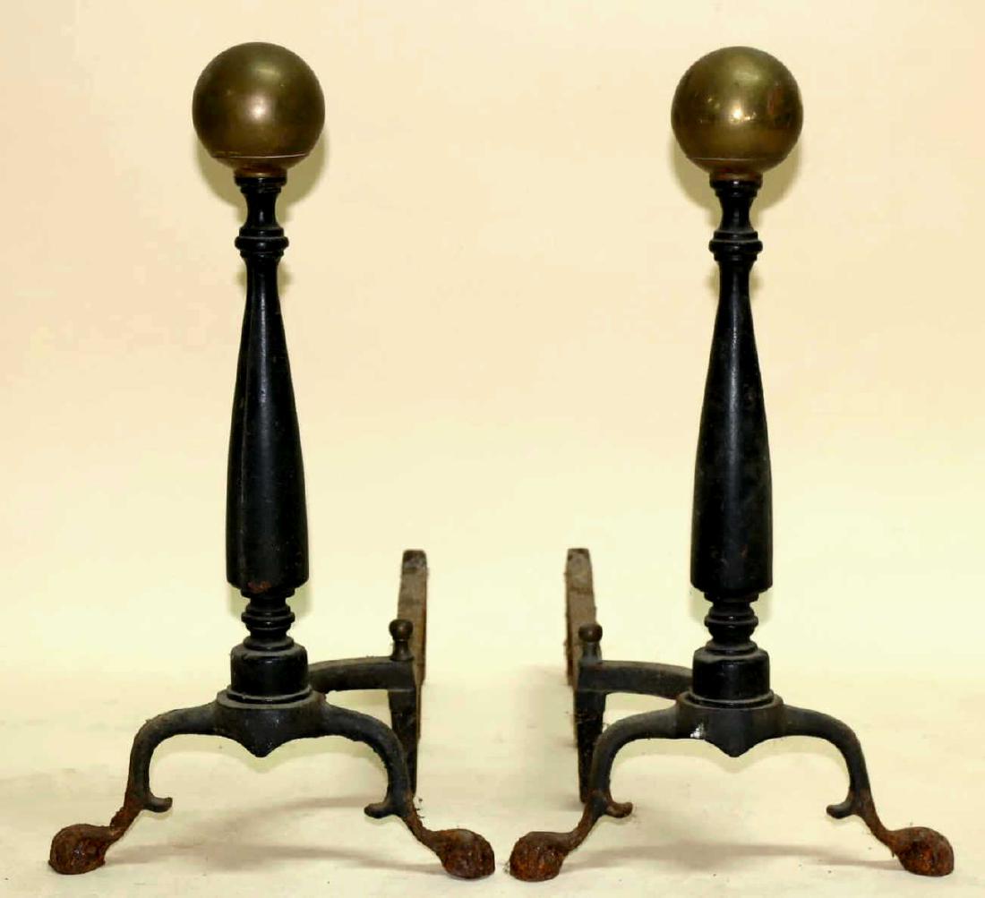 AMERCIAN ANTIQUE IRON & BRASS ANDIRONS: AMERCIAN ANTIQUE IRON & BRASS ANDIRONS