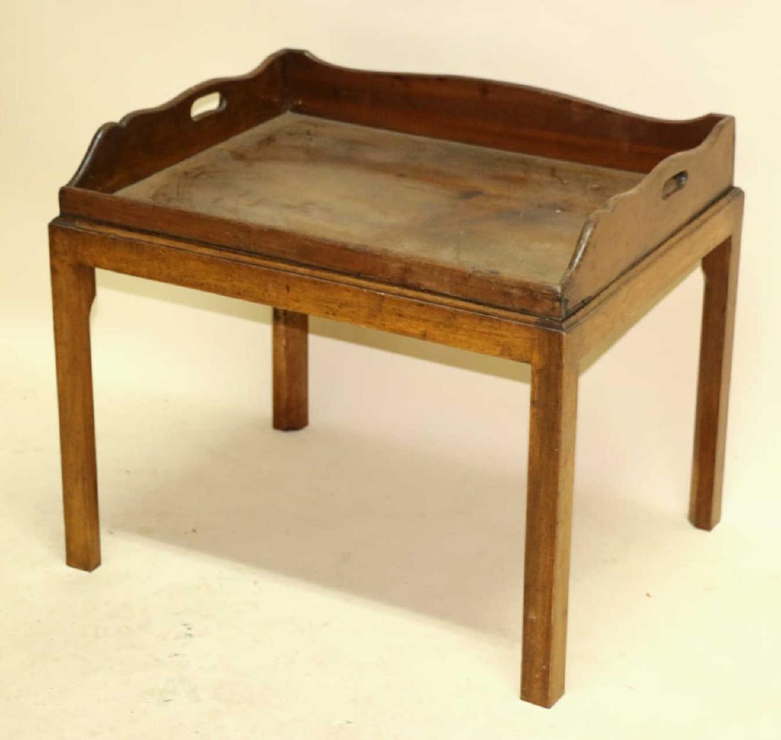 ENGLISH ANTIQUE TRAY TABLE ON STAND: ENGLISH ANTIQUE TRAY TABLE ON STAND