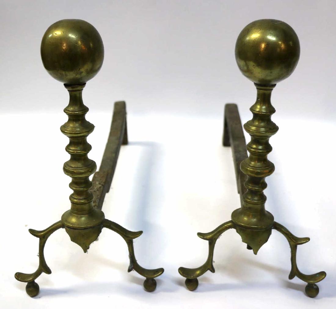 AMERCIAN ANTIQUE BRASS CANNON BALL ANDIRONS: AMERCIAN ANTIQUE BRASS CANNON BALL ANDIRONS