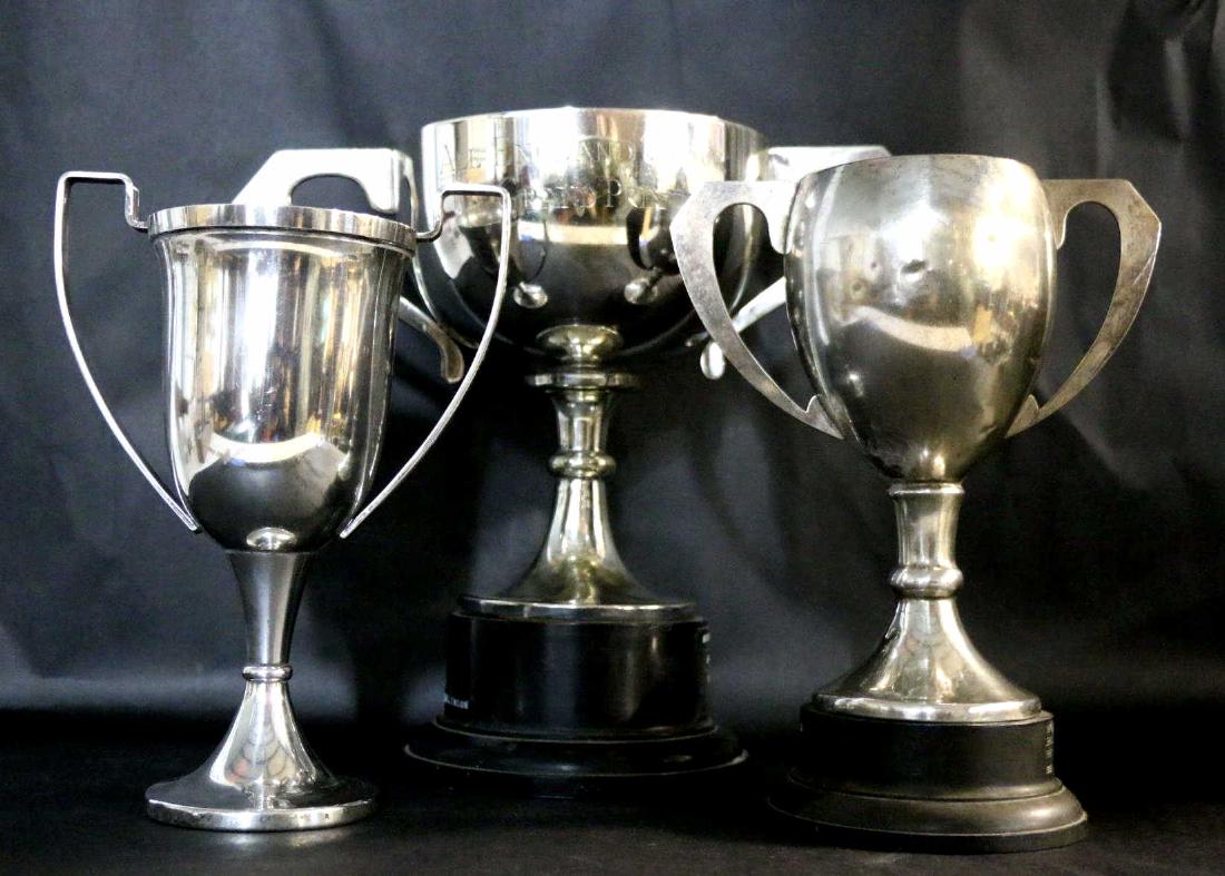 SILVERPLATE ANTIQUE TROPHY GROUPING: SILVERPLATE ANTIQUE TROPHY GROUPING WITH 16 INCHES TALLEST