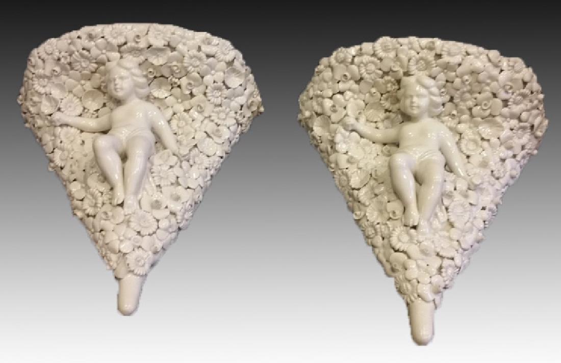 BLANC DE CHINE PUTTI MIDCENTURY WALL SCONCES: Pair Italian Mid Century Wall Sconces with multi flowers and Putti 10" X 10.5"