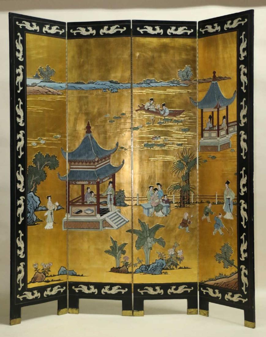JAPANESE CHINOISERIE GILT INLAID FOUR PANEL SCREEN: JAPANESE CHINOISERIE GILT, PAINT DECORATED & INLAID RAISED RELIEF FOUR PANEL SCREEN