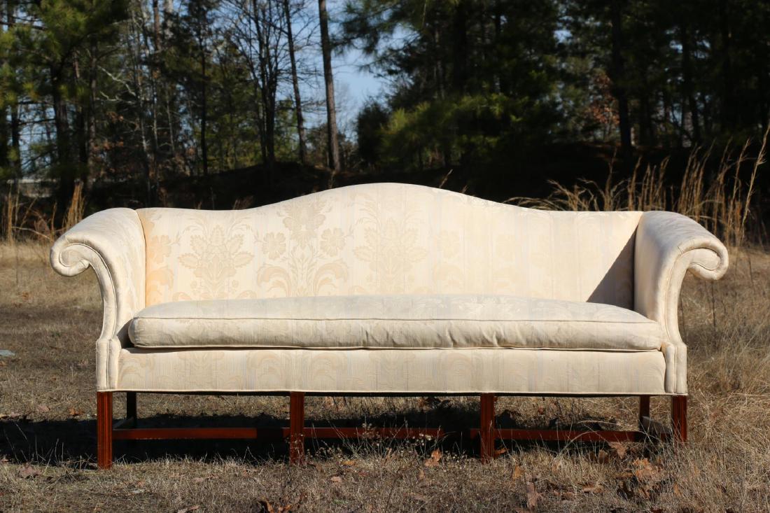 FINE DOWN CUSTOM UPHOLSTERED CHIPPENDALE SOFA: FINE DOWN CUSTOM UPHOLSTERED CHIPPENDALE CAMEL BACK SOFA BY SHERRILL