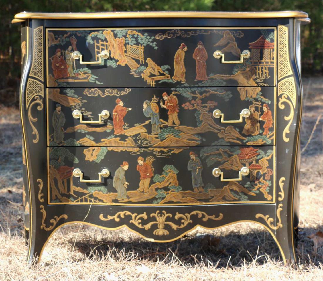 FINE CHINOISERY SERPENTINE RAISED RELIEF COMMODE: FINE CHINOISERY SERPENTINE RAISED RELIEF COMMODE BY DREXEL