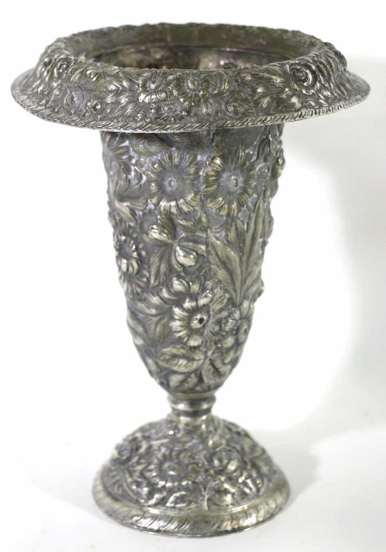 INTERNATIONAL HAND CHASED ANTIQUE SILVERPLATE VASE: INTERNATIONAL HAND CHASED ANTIQUE SILVERPLATE VASE