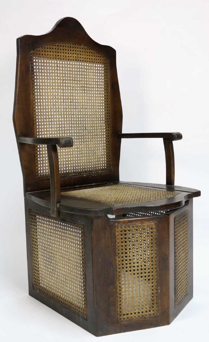 AMERCIAN ANTIQUE CANED HIGH BACK ARMCHAIR COMMODE: AMERCIAN ANTIQUE CANED HIGH BACK ARMCHAIR COMMODE