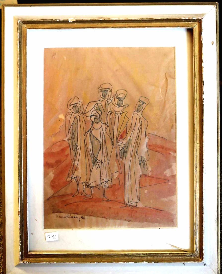 MARCEL JANCO (ROMANIAN, 1895-1984) "PILGRIMS": SIGNED AND DATED BY ARTIST, WATER COLOR AND PEN ON PAPER, FRAMED, ARTICLE ON THE BACK PUBLISHED IN THE NEW YORK TIMES IN ON JANUARY 14, 1997, WITH INFORMATION HERE BY BINETH GALLERY: Marcel Janco (189