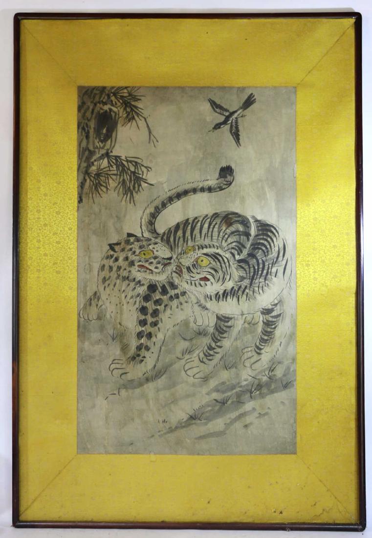 CHINESE / KOREAN PRIMITIVE ANTIQUE WATERCOLOR: CHINESE / KOREAN PRIMITIVE ANTIQUE WATERCOLOR WORK OF TIGERS