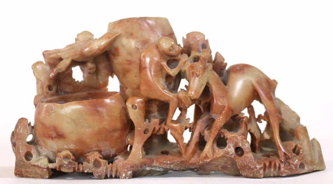 CHINESE HAND CARVED SOAPSTONE SCENE: CHINESE HAND CARVED SOAPSTONE, MAN WITH ANIMALS