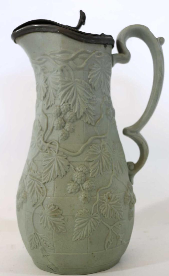 ENGLISH ANTIQUE SALTGLAZE PEWTER LID TABLE PITCHER: ENGLISH ANTIQUE SALTGLAZE PEWTER LID TABLE PITCHER POSSIBLY STAFORDSHIRE