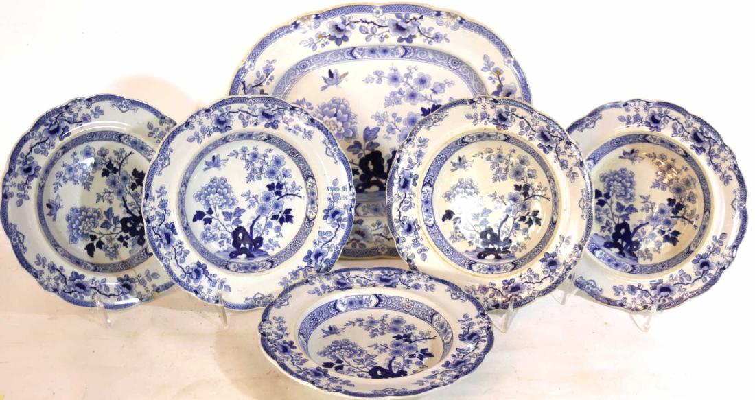 ENGLISH ANTIQUE IRONSTONE CHINA: ENGLISH ANTIQUE IRONSTONE CHINA GROUPING, PLATTER, FOUR PLATES, BOWL