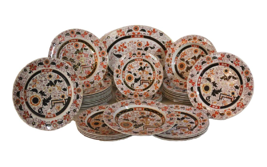 ENGLISH ANTIQUE ASHWORTH BROS "RAYNER" COLLECTION: COLLECTION OF 38 PIECES "RAYNER" BY ASHWORTH BROTHERS, ENGLAND, RUST AND BLUE FLORAL RIM & CENTER, SMOOTH, DISCONTINUED