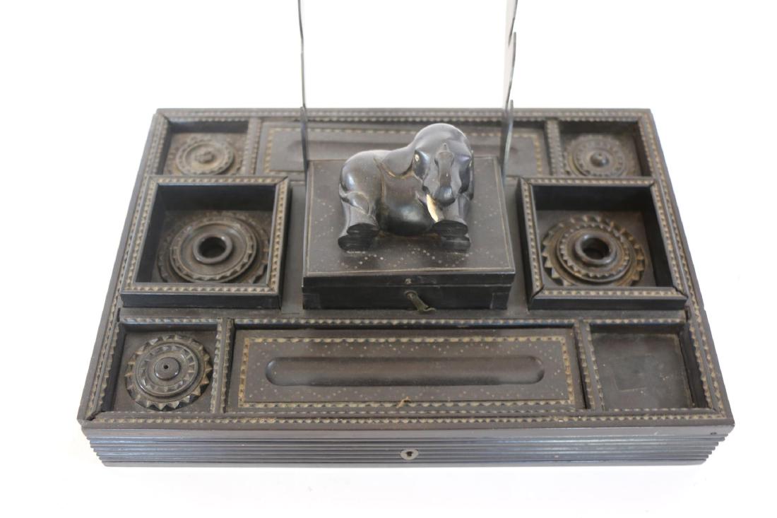 AFRICAN ANTIQUE HAND CARVED EBONY DESK VALET SET: AFRICAN ANTIQUE HAND CARVED & INLAID EBONY DESK VALET SET