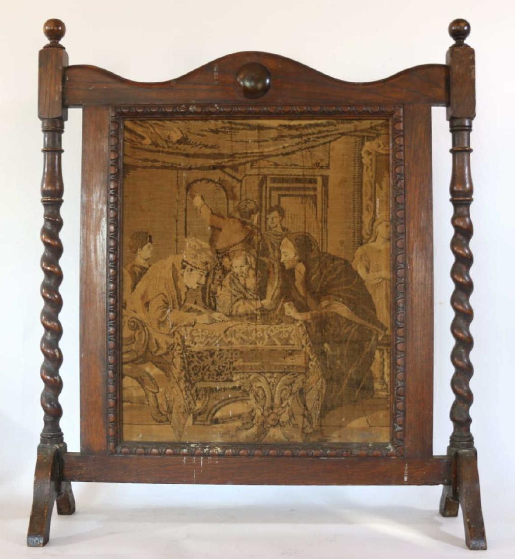 ENGLISH ANTIQUE NEEDLEPOINT FIRESCREEN: ENGLISH ANTIQUE BARLEY TWIST NEEDLEPOINT FIRESCREEN