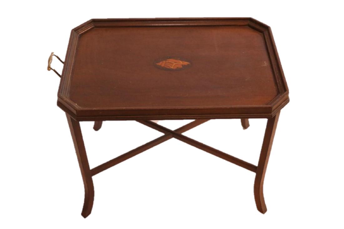 ENGLISH ANTIQUE MAHOGANY INLAID TRAY TABLE: ENGLISH ANTIQUE MAHOGANY INLAID TRAY TABLE