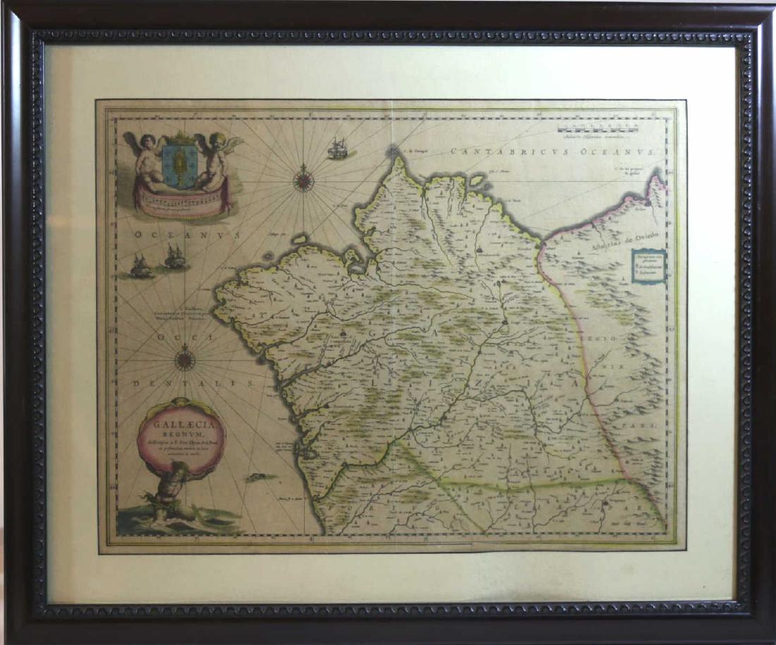 WILLEM JANSZOON BLAEU (1571-138) ANTIQUE MAP: GALLAECIA REGNUM DESCRIPTA A F.FER. OJA ORD PRED., MAP OF NORTHWESTERN COAST OF SPAIN, EXTENDING FROM THE ASTURIAS DE OVIEDO REGION AND AVILES IN THE NORTHEAST TO BAYONA AND THE PORTUGUESE BORDER OF T
