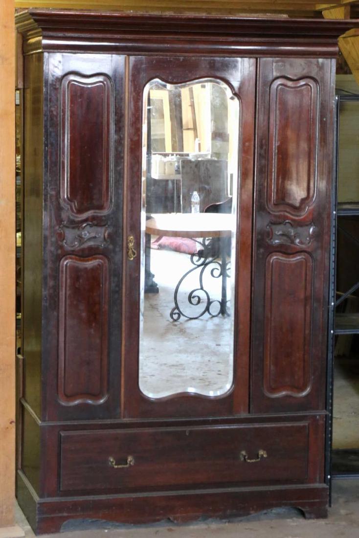 ENGLISH ANTIQUE MAHOGANY MIRRORED WARDROBE: ENGLISH ANTIQUE MAHOGANY BEVELED MIRRORED WARDROBE