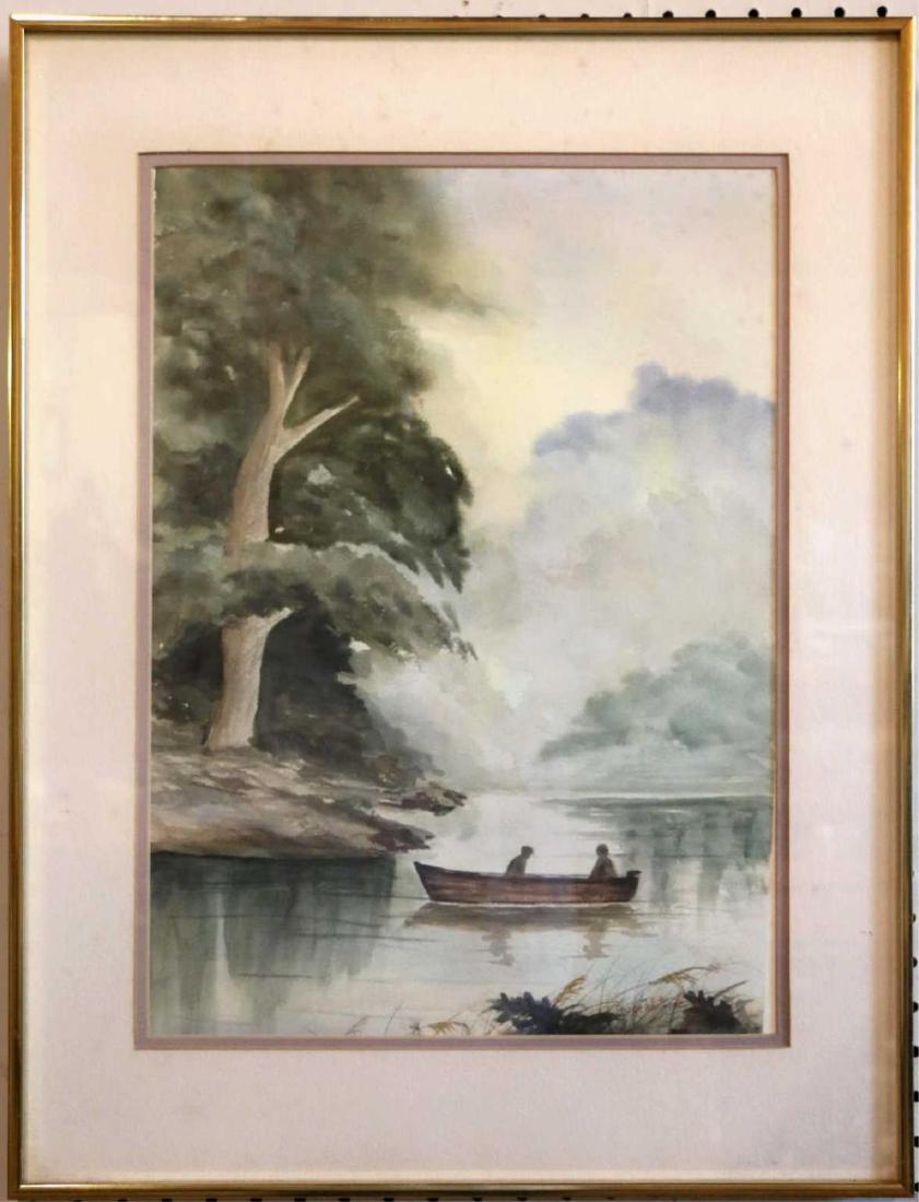 GRACE WHITFORD (AMERICAN) WATERCOLOR: GRACE WHITFORD WATERCOLOR, CANOE ON LAKE, FRAME 26 X 20 INCHES, 19.5 X 14 SITE