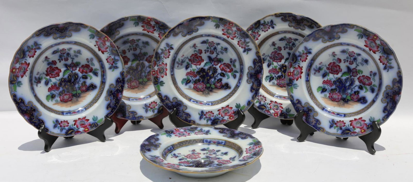 IRONSTONE ANTIQUE FLOW BLUE DINNER BOWL GROUPING: IRONSTONE ANTIQUE FLOW BLUE DINNER BOWL GROUPING