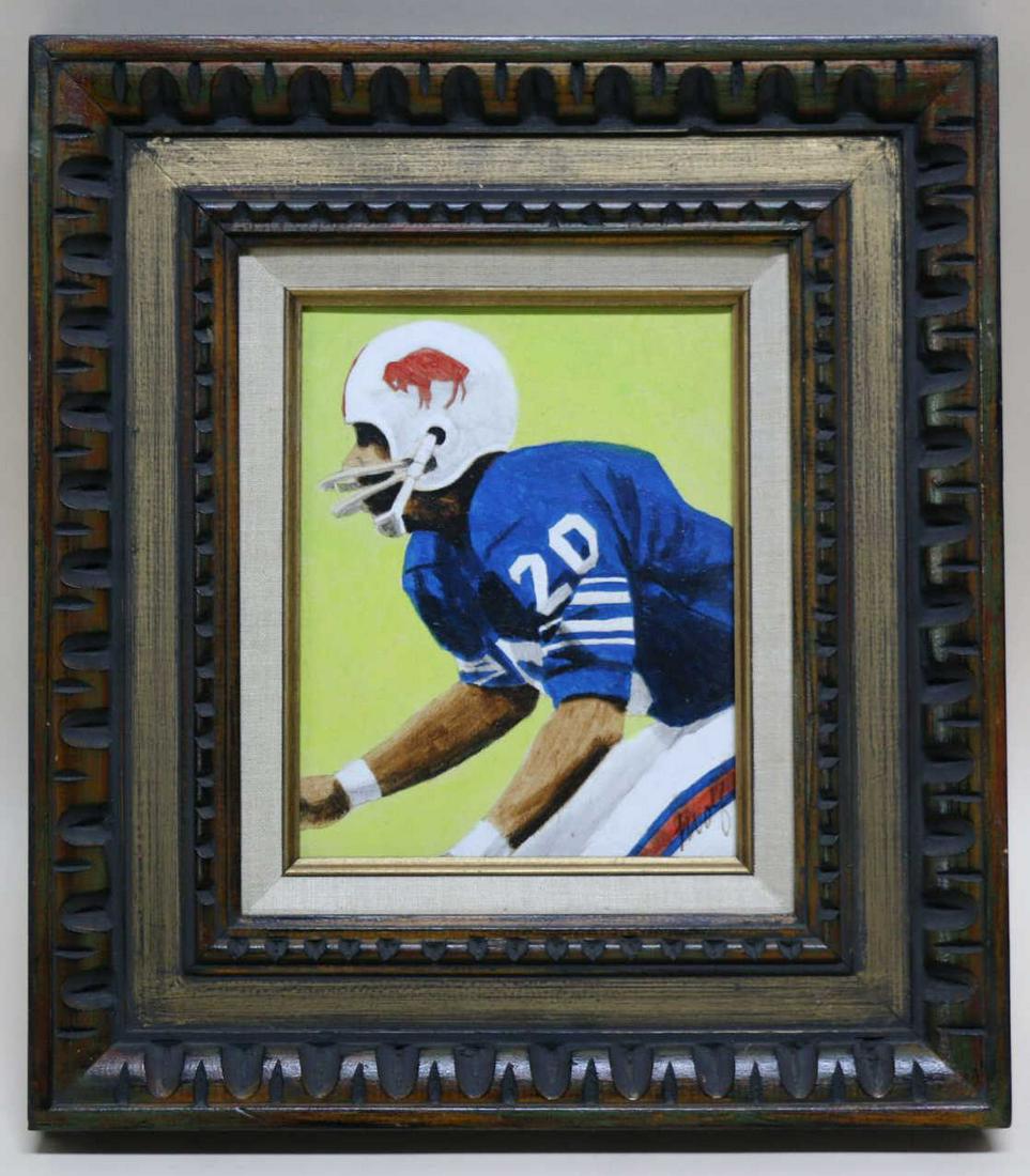 LEON WOLF (AMERICAN, 1942) BUFFALO BILLS FOOTBALL: LEON WOLF (AMERICAN, 1942) BUFFALO BILLS FOOTBALL OIL ON CANVAS APPROXIMATELY 14 X 12 INCHES IN FRAME