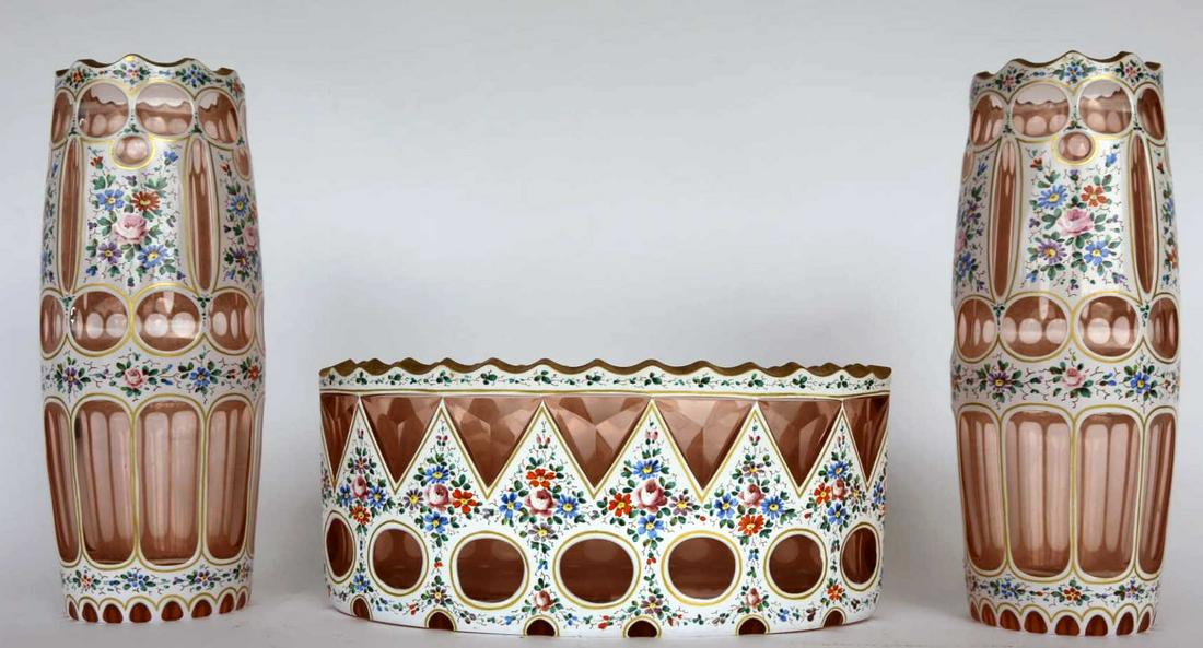 BOHEMIAN FLORAL HAND PAINTED GLASSS GARNITURE SET: BOHEMIAN FLORAL HAND PAINTED GLASSS GARNITURE SET
