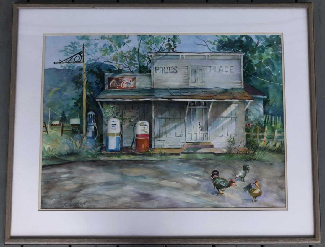 SARA HURST (AMERICAN) "PAULS PLACE" WATERCOLOR: SARA HURST (AMERICAN) "PAULS PLACE" COUNTRY STORE ARCHITECTURAL WATERCOLOR
