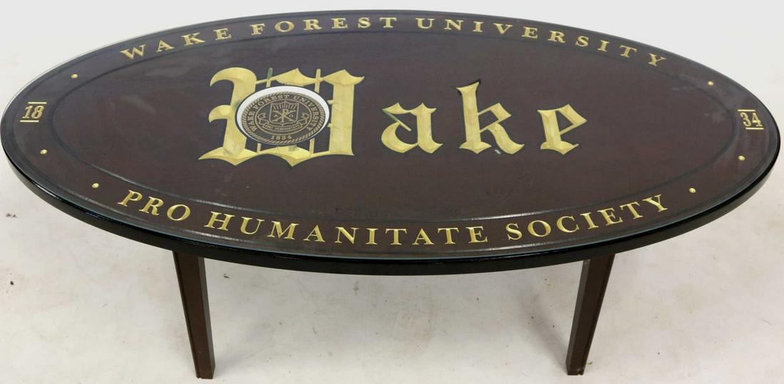 WAKE FOREST PRO HUMANITATE SOCIETY TABLE: WAKE FOREST PRO HUMANITATE SOCIETY TABLE PARCEL GILT DECORATED TABLE WITH CUSTOM GLASS TOP