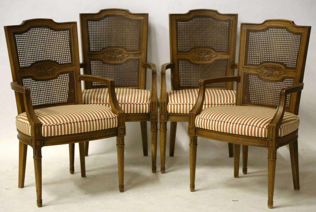 HENREDON HAND CARVED & CANED ARMCHAIR SET OF FOUR: HENREDON VINTAGE HAND CARVED & CANED ARMCHAIR SET OF FOUR