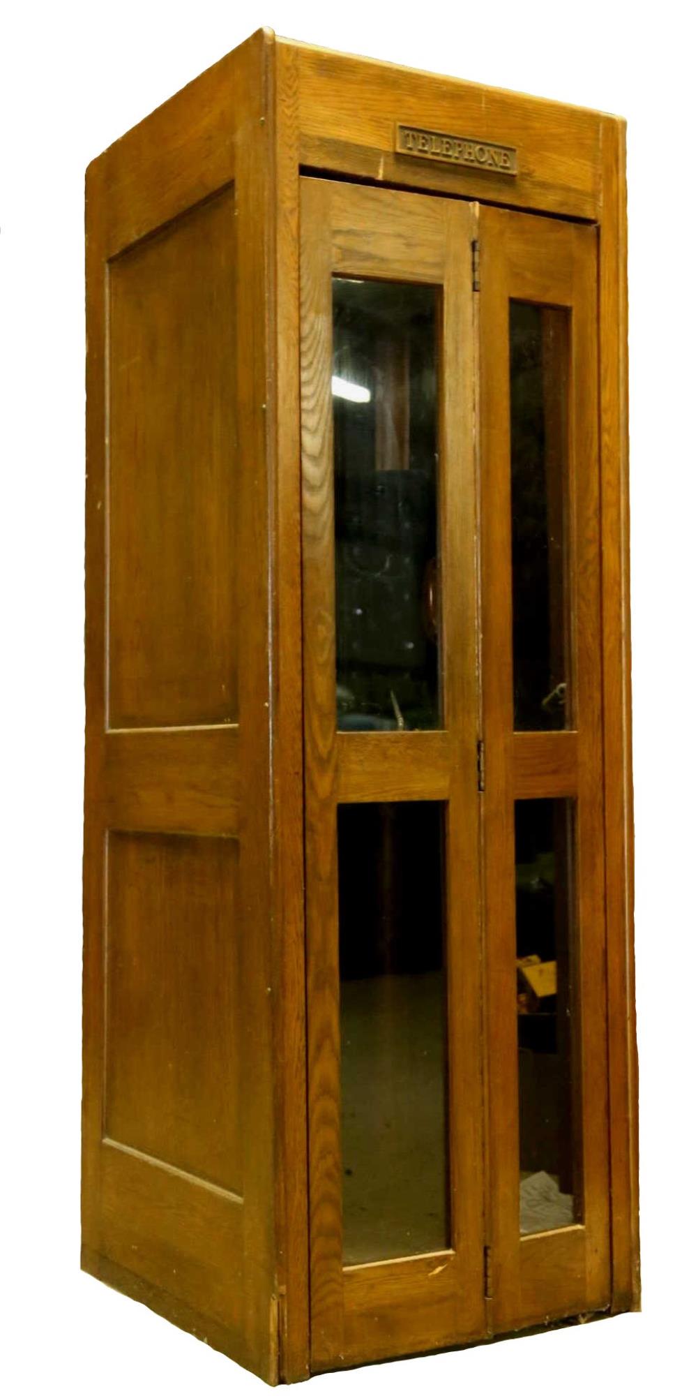 AMERICAN OAK ANTIQUE TELEPHONE GLASS DOOR BOOTH: AMERICAN OAK ANTIQUE TELEPHONE FOLDING GLASS DOOR BOOTH