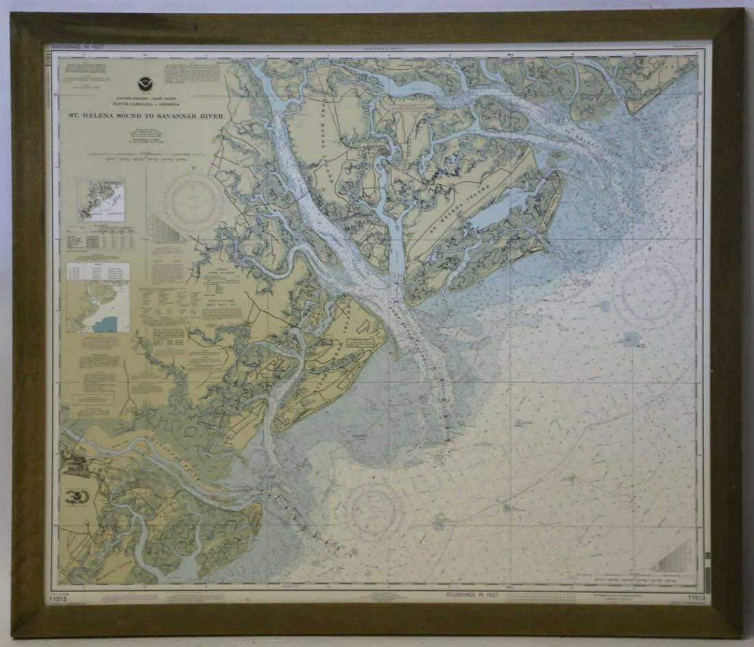 US GEOLOGICAL MAP ST. HELENA SOUND-SAVANNAH RIVER: LARGE FRAMED US GEOLOGICAL SURVEY MAP ST. HELENA SOUND-SAVANNAH RIVER
