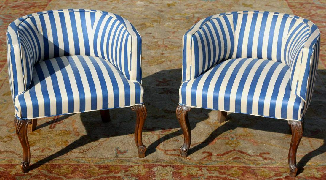 FRENCH ANTIQUE CUSTOM UPOLSTERED BARREL TUB CHAIRS: FRENCH ANTIQUE CUSTOM UPOLSTERED BARREL TUB CHAIRS