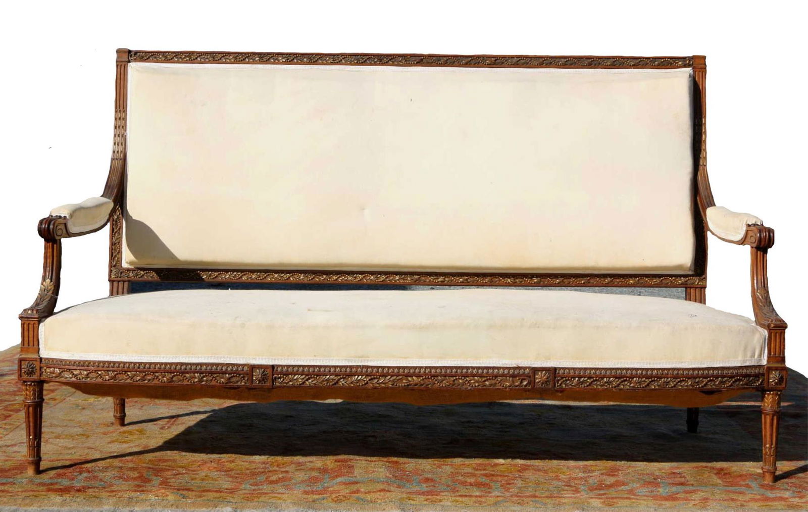 FRENCH ANTIQUE HAND CARVED SETTEE: FRENCH ANTIQUE VERY FINE HAND CARVED CUSTOM UPHOLSTERED SETTEE FROM PALM BEACH ESTATE